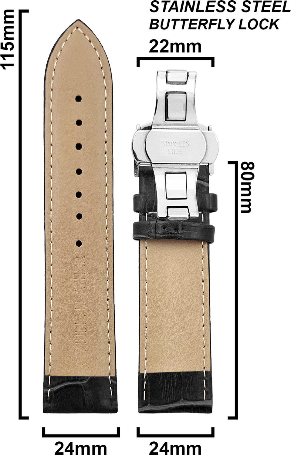 Image of DBLACK [HOOK] Bamboo Design Pattern with Butterfly Lock 24 mm Genuine Leather Watch Strap