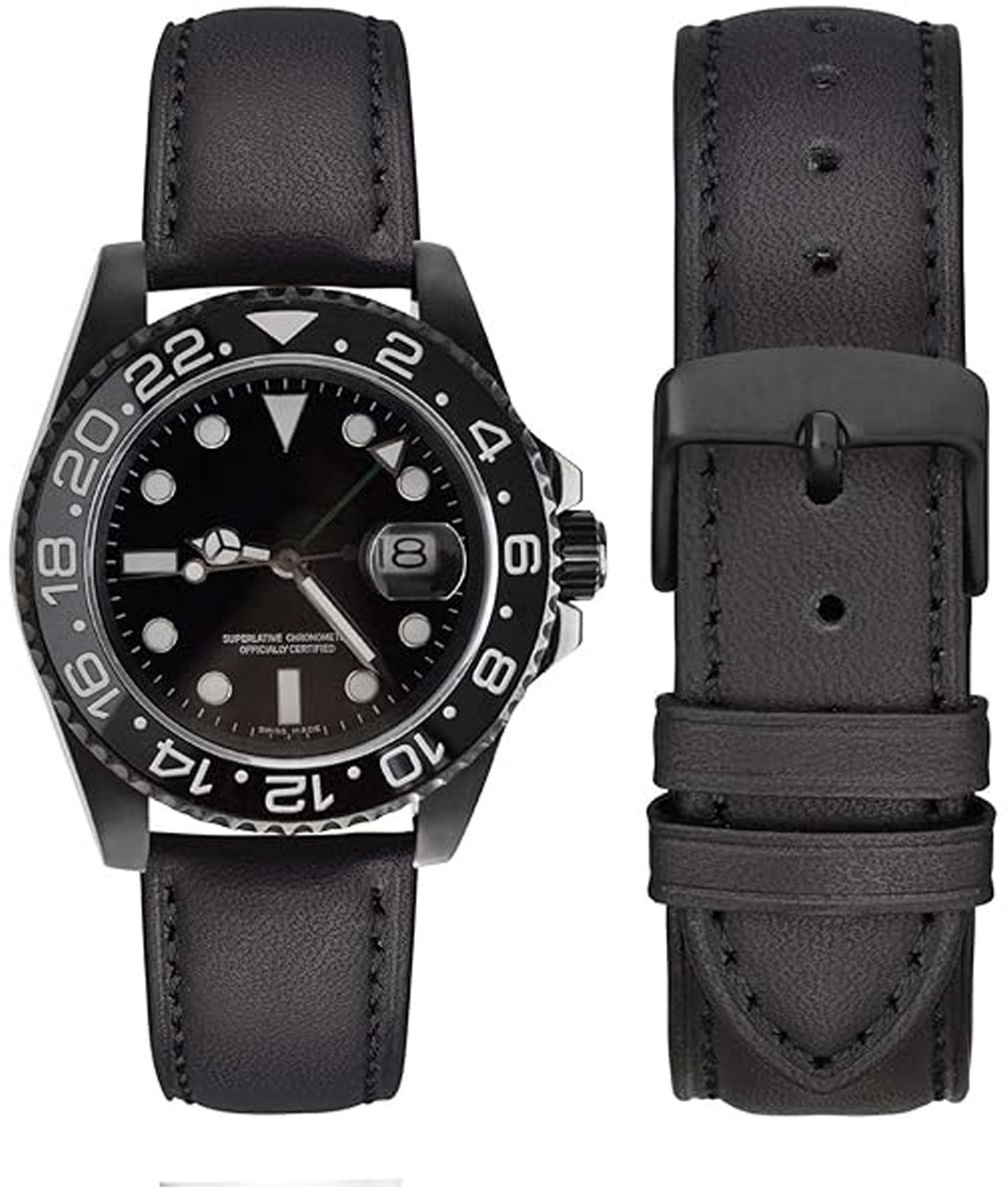Image of LUBA HIMT premium thick and genuine leather watch strap with nylon lining 22mm 22 mm Genuine Leather Watch Strap
