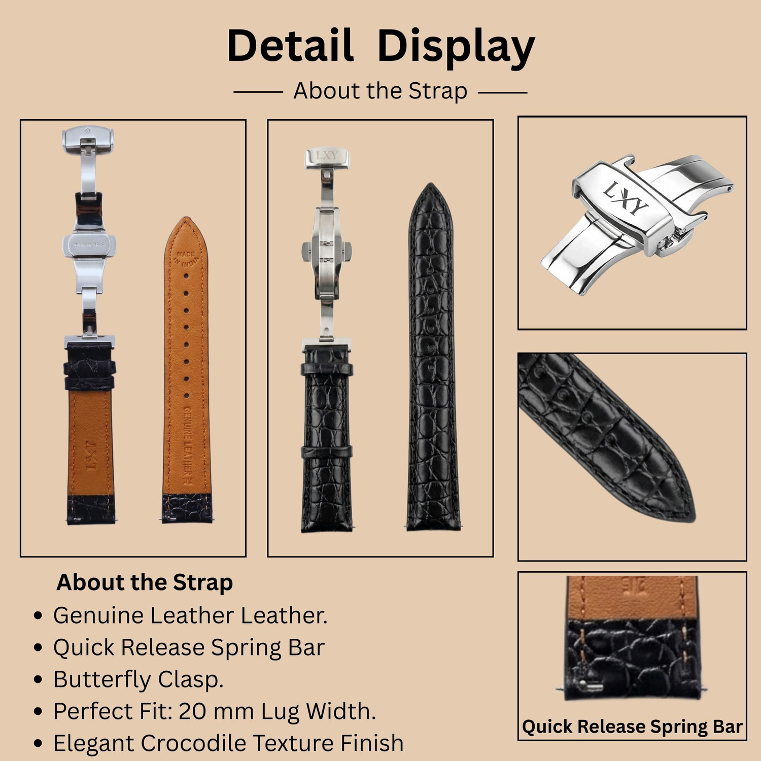 Image of VILEN Premium Croco Texture Men's Replacement Watch Belt Quick Release Butterfly clasp 20 mm Genuine Leather Watch Strap
