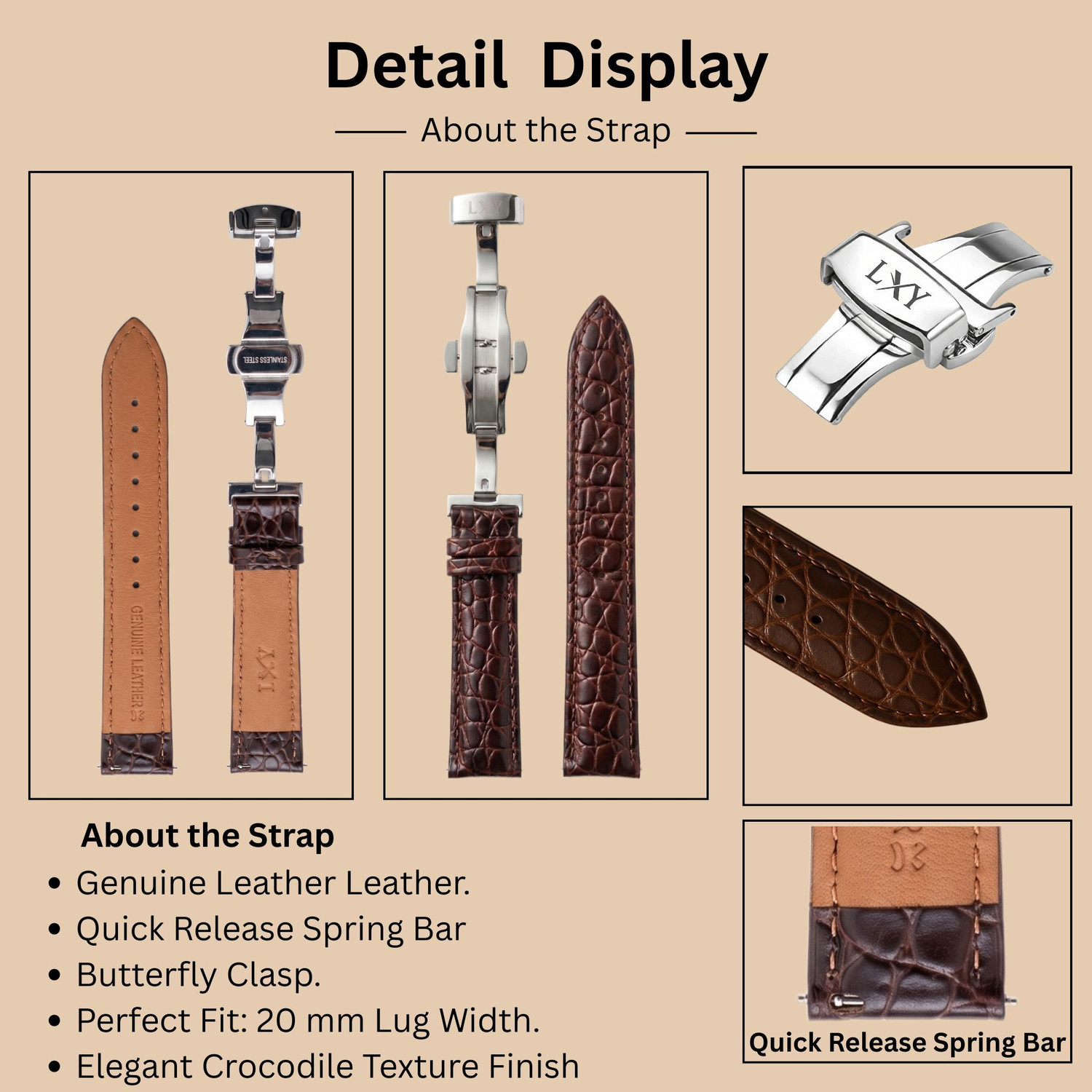 Image of VILEN Premium Croco Texture Men's Replacement Watch Belt Quick Release Butterfly clasp 20 mm Genuine Leather Watch Strap