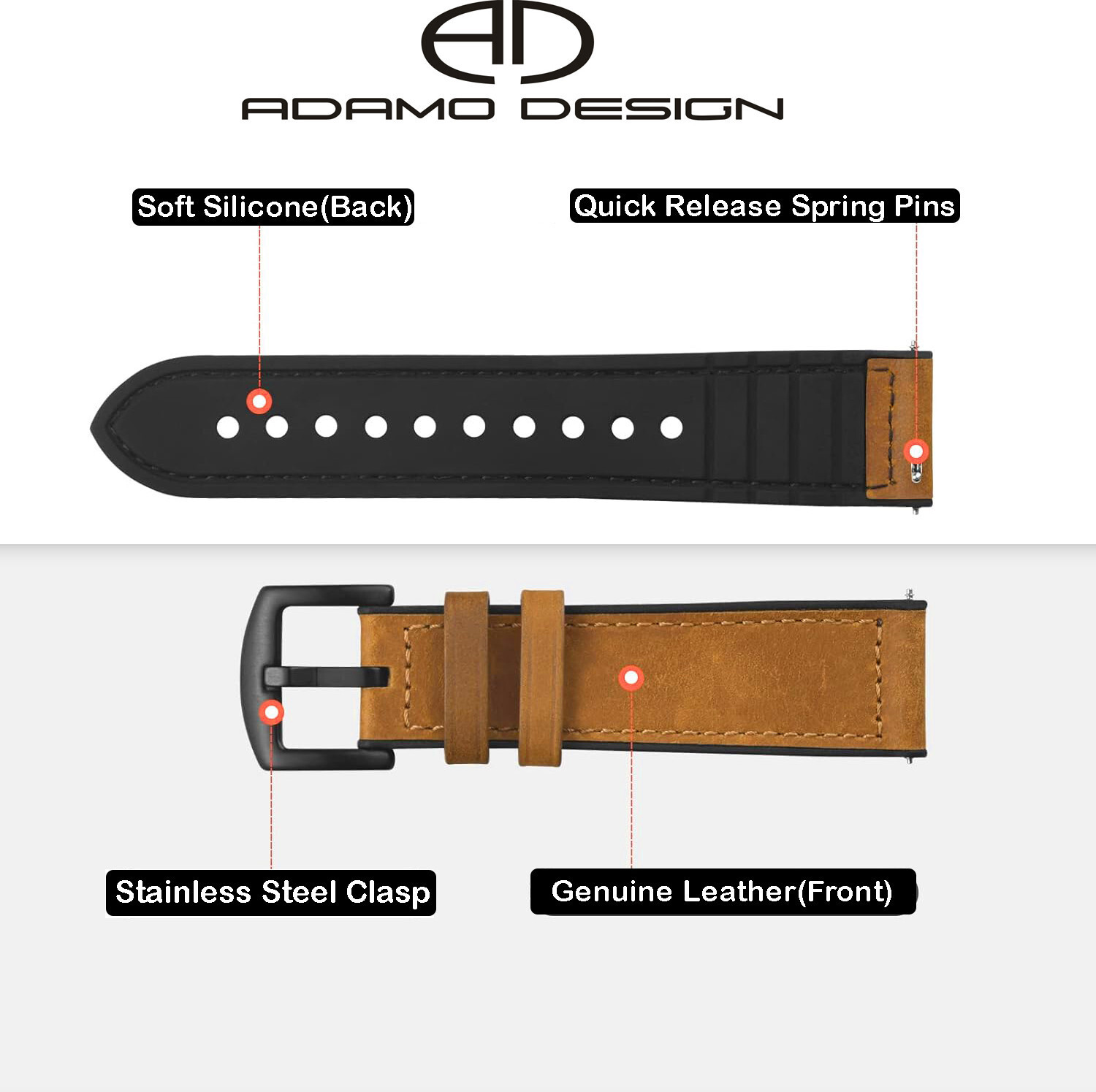 Image of ADAMO 22mm Leather Silicone Straps Compatible with Samsang Galaxy Watch 3 45mm 22 mm Genuine Leather Watch Strap
