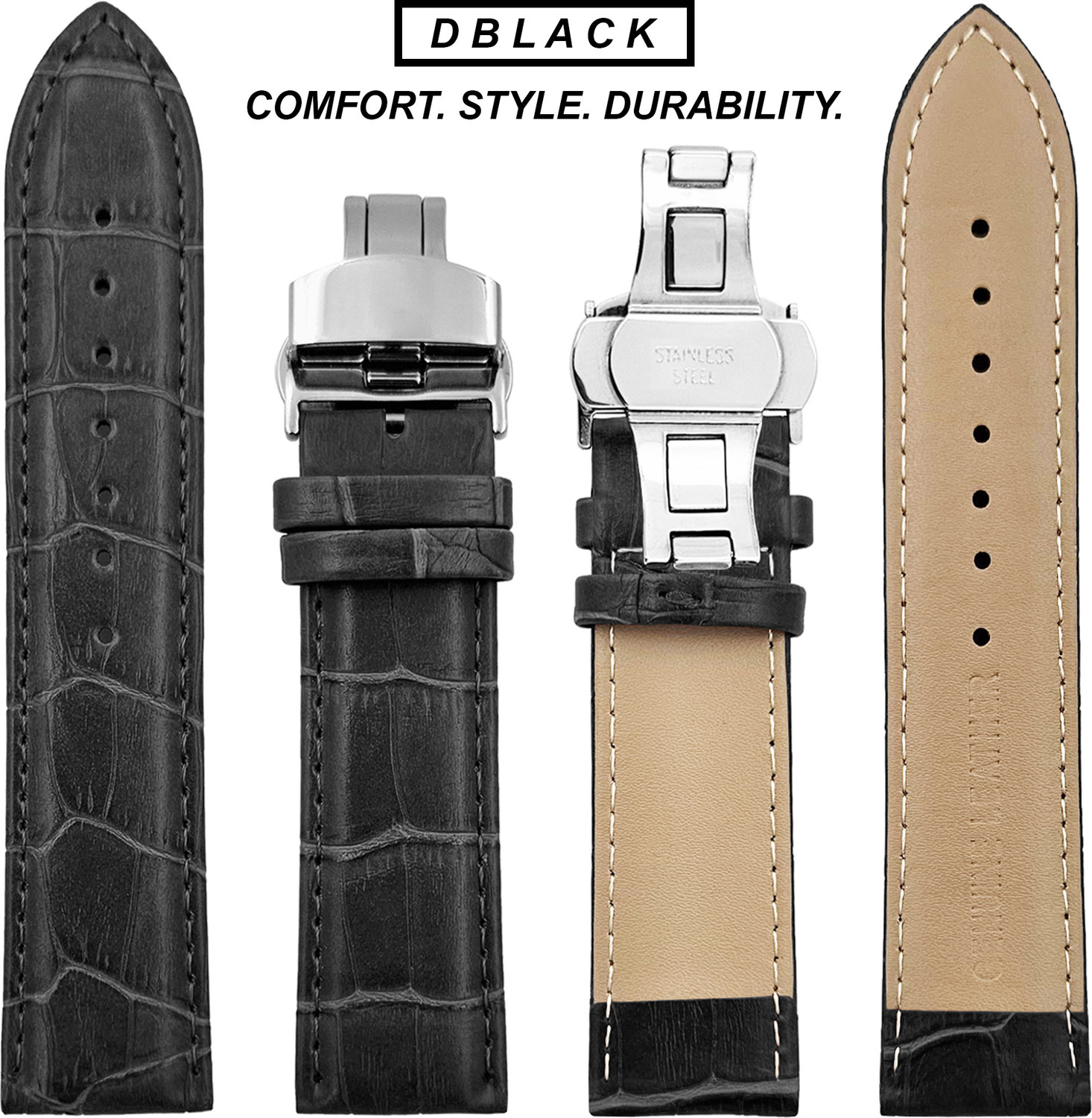 Image of DBLACK [HOOK] Bamboo Design Pattern with Butterfly Lock 24 mm Genuine Leather Watch Strap