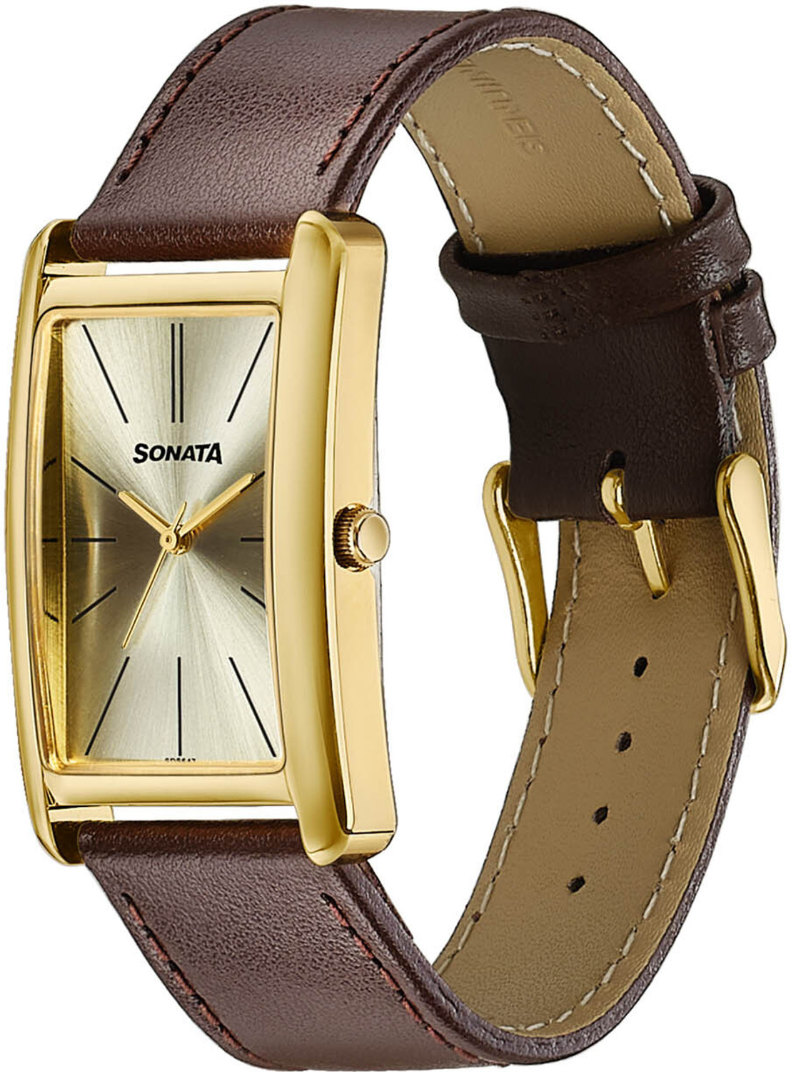 Image of SONATA Ascent Ascent Quartz Light Champ Dial Brown Leather Strap Analog Watch - For Men
