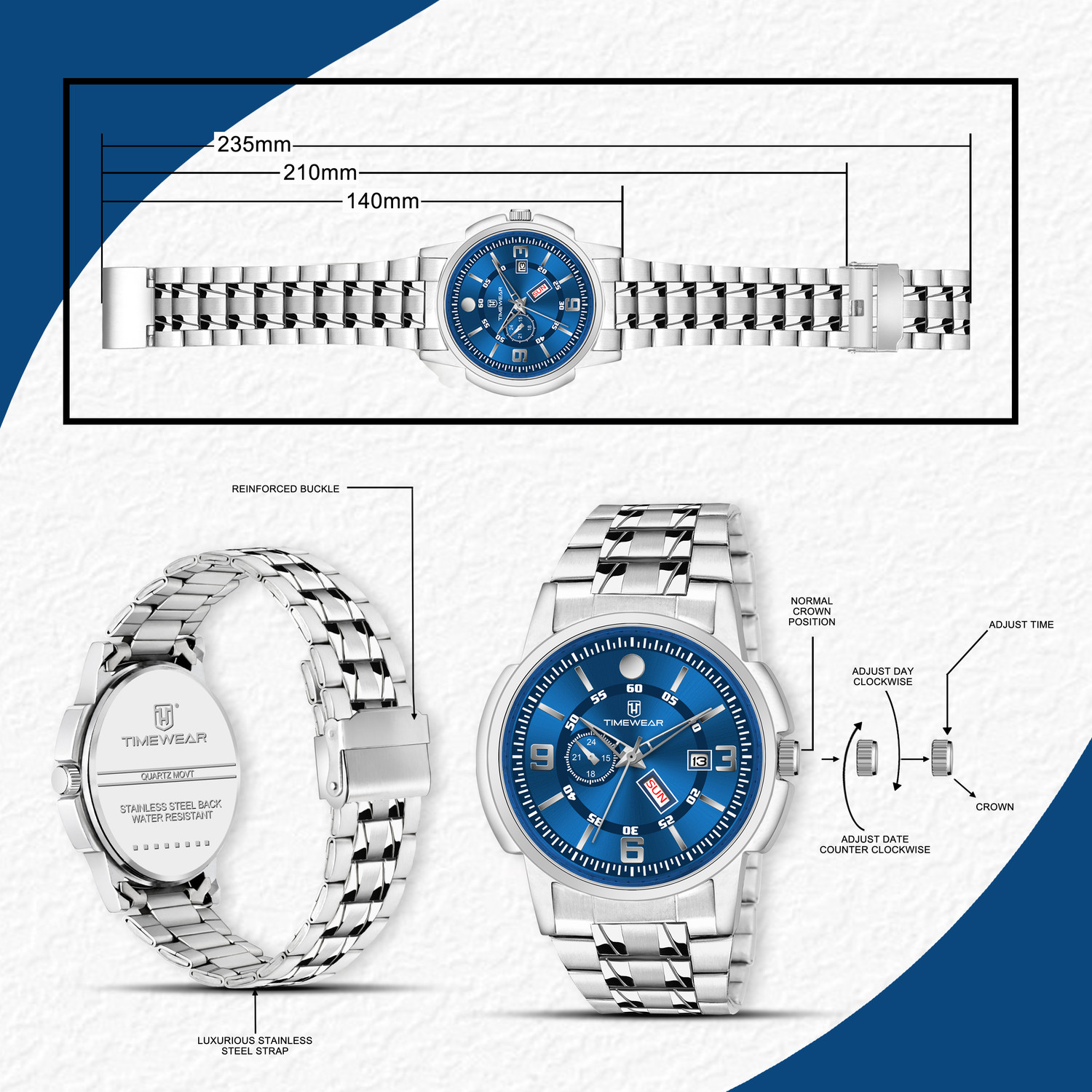 Image of TIMEWEAR 340BDTG Blue Dial Day Date Functioning Stainless Steel Chain Analog Watch - For Men