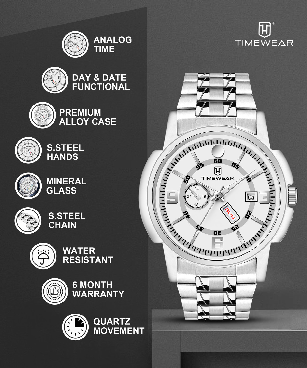 Image of TIMEWEAR 341WDTG White Dial Day Date Functioning Stainless Steel Chain Analog Watch - For Men