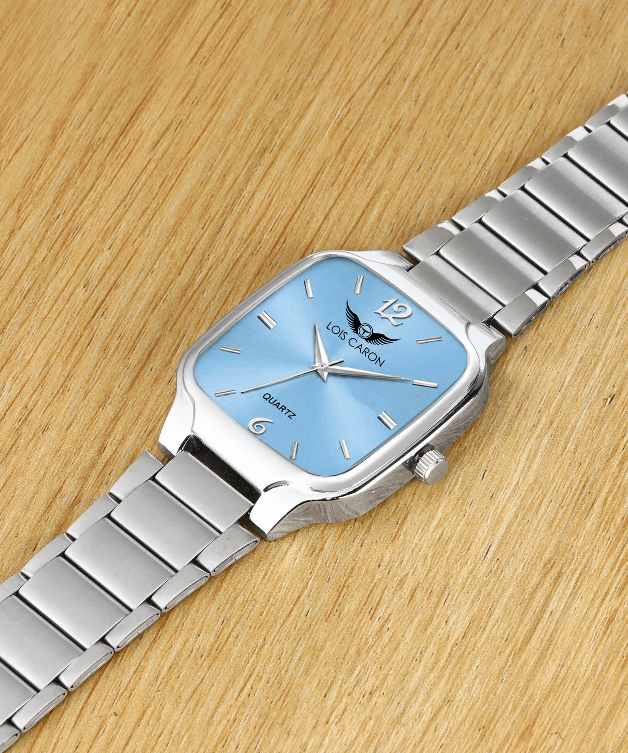 Image of LOIS CARON LCS-4297 (sKY BLUE) Men's Premium Square Ice Blue Sunray Dial | Silver Stainless Steel Strap Analog Watch - For Men
