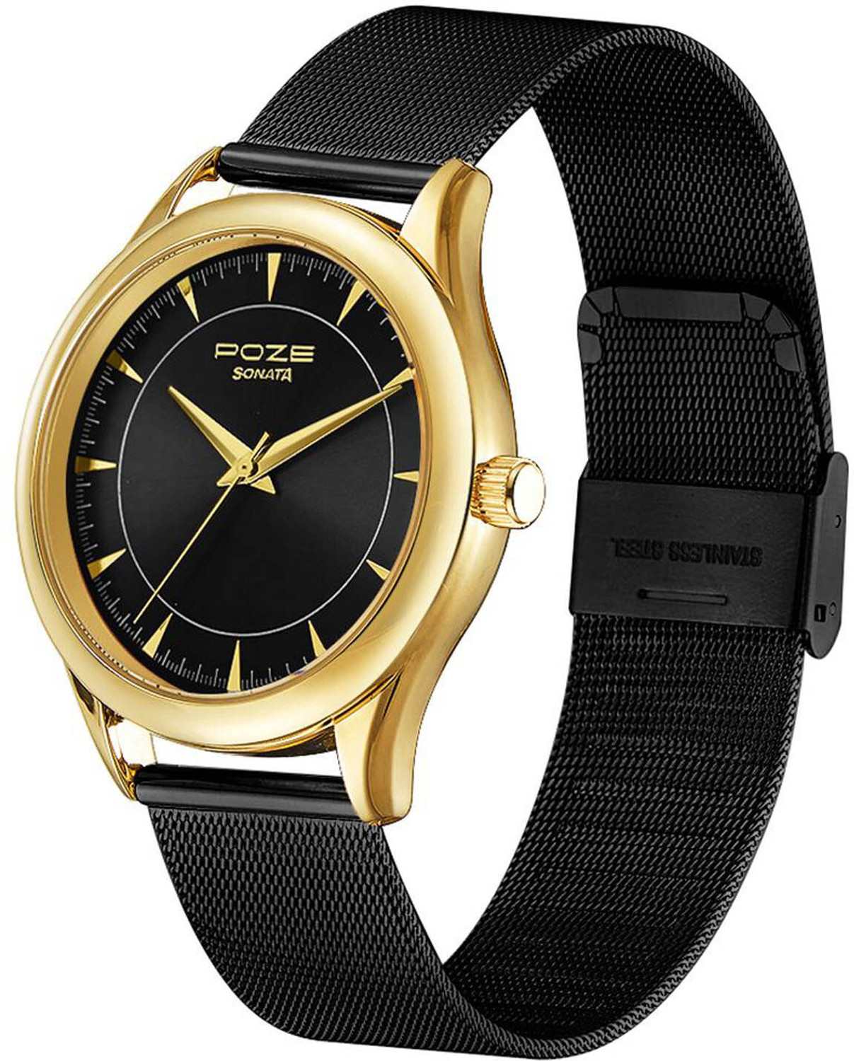 Image of SONATA Sonata Poze Quartz Analog Black Dial Stainless Steel Strap Watch for Men Analog Watch - For Men