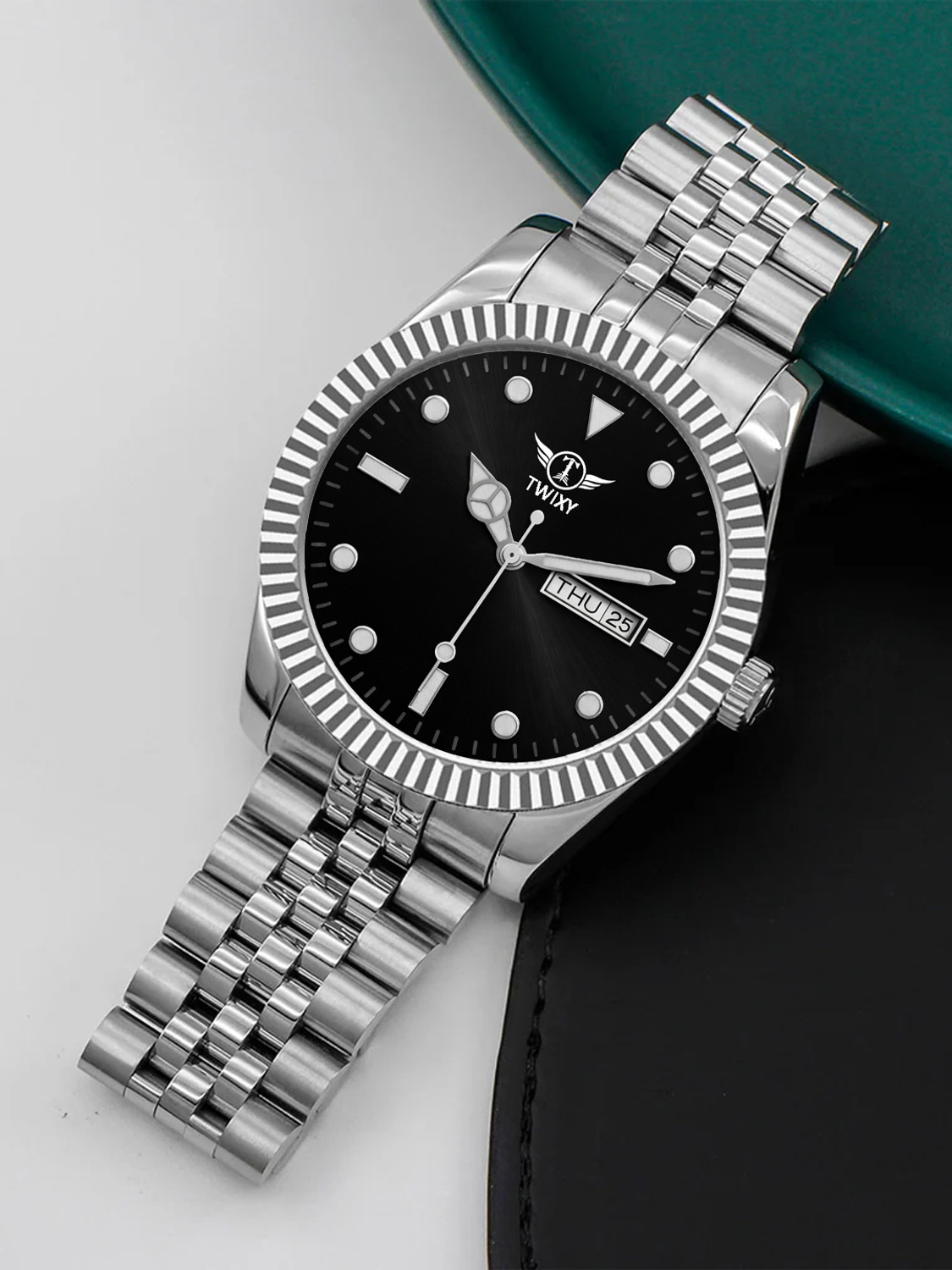 Image of TWIXY TYW-8 Silver-Black TWIXY Sea‑Dweller Series Day-Date Display Function Black Dial Steel Analog Watch - For Men