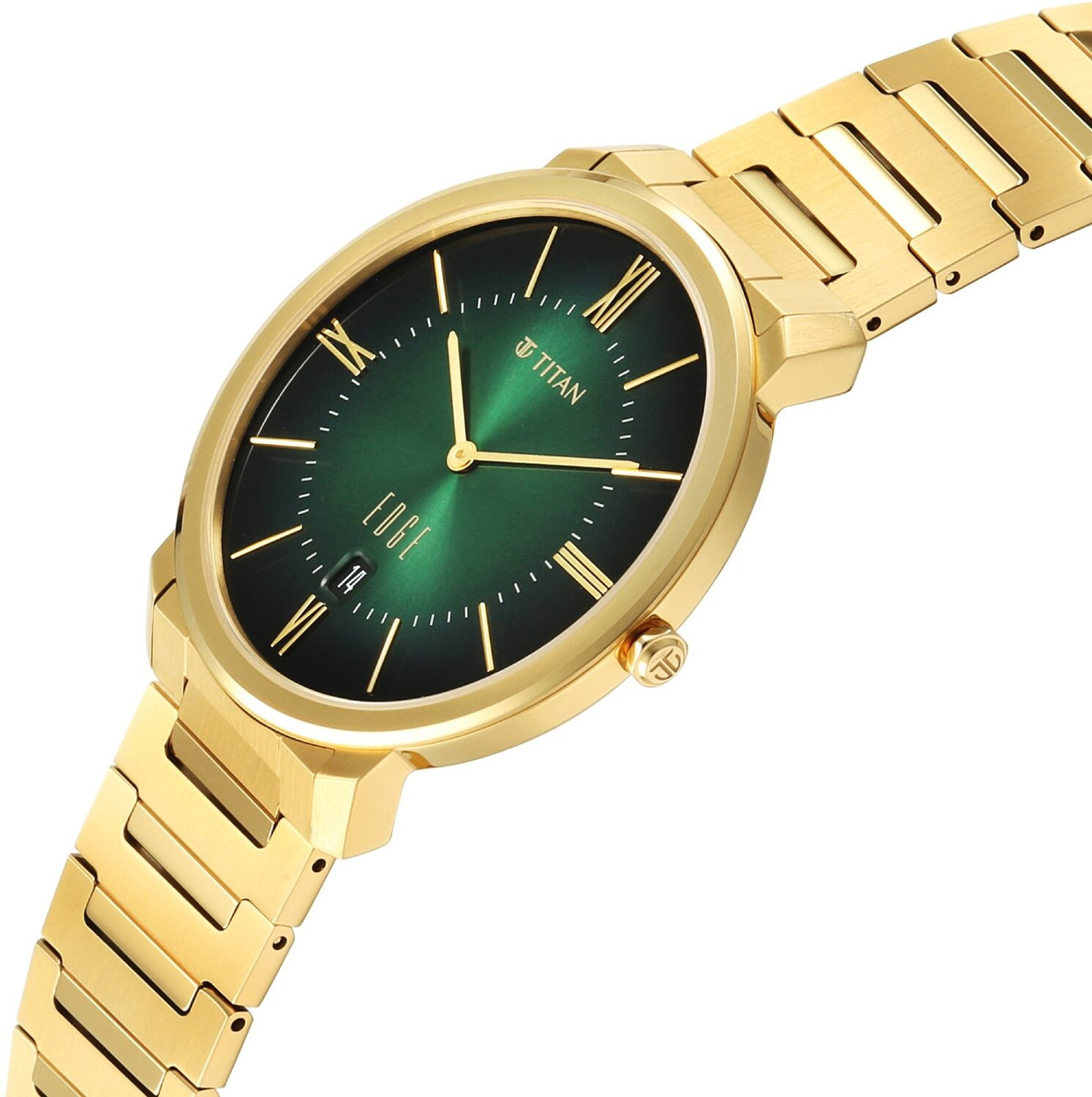 Image of Titan Edge Meister Edge Meister 2Hands+Date Green Dial Gold Plated Stainless Steel 316L Strap Analog Watch - For Men