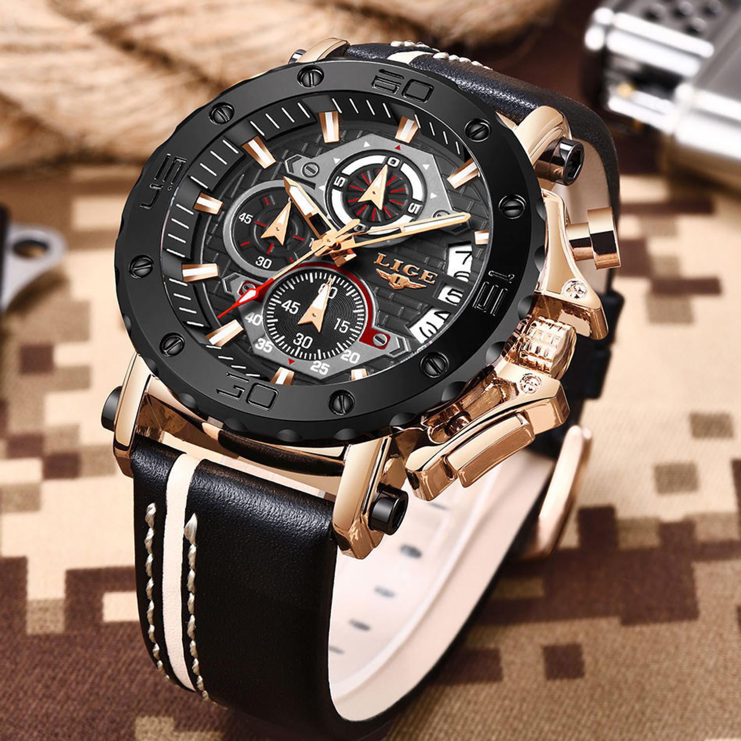 Image of Lige Mens Watch Analog Chronograph Luxury Gold wrist Watch For Men Analog Watch - For Men 8935-A