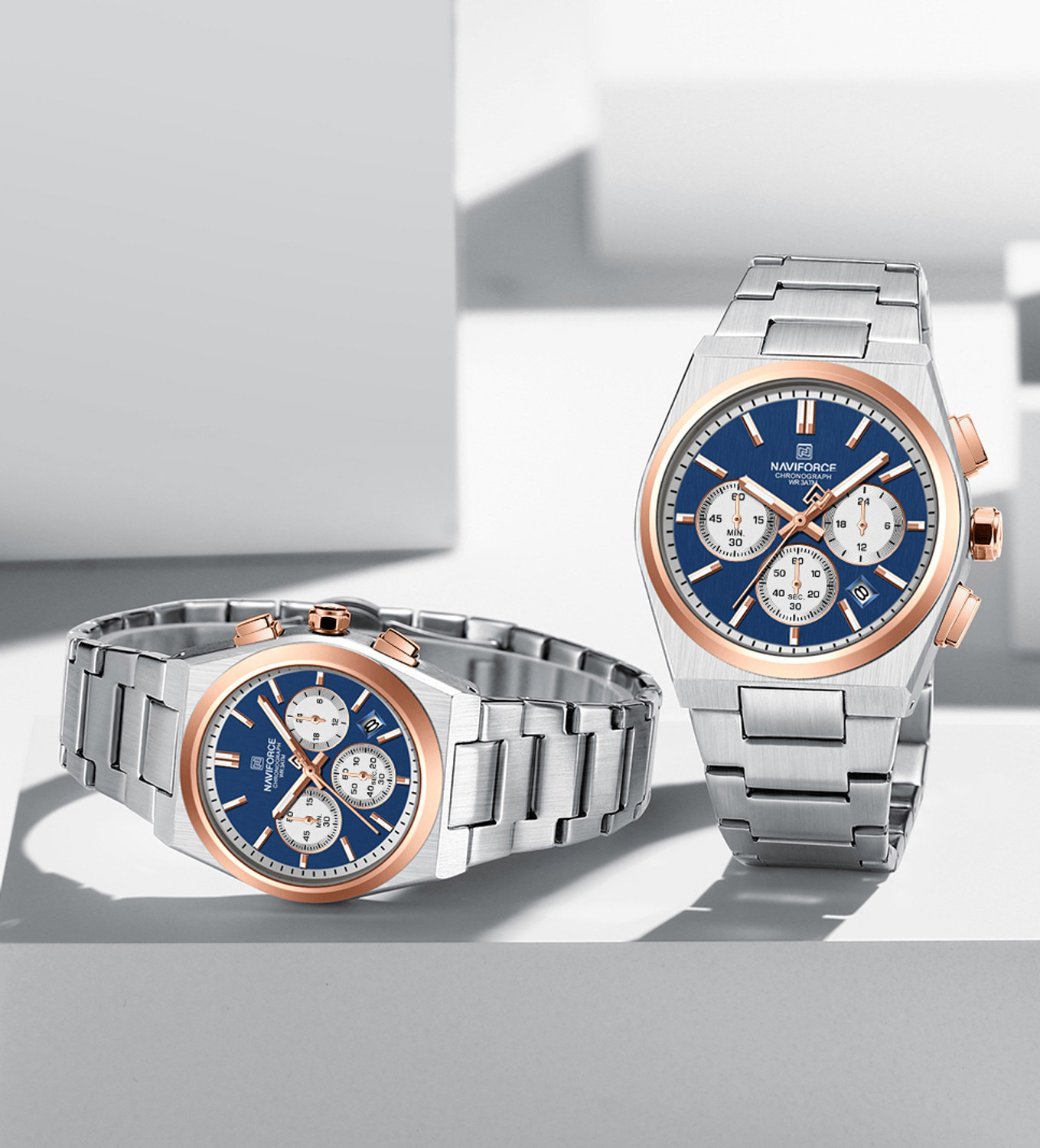 Image of NAVIFORCE NF8048 Couple Silver & Rosegold with blue chronograph dial stainless steel strap Analog Watch - For Couple
