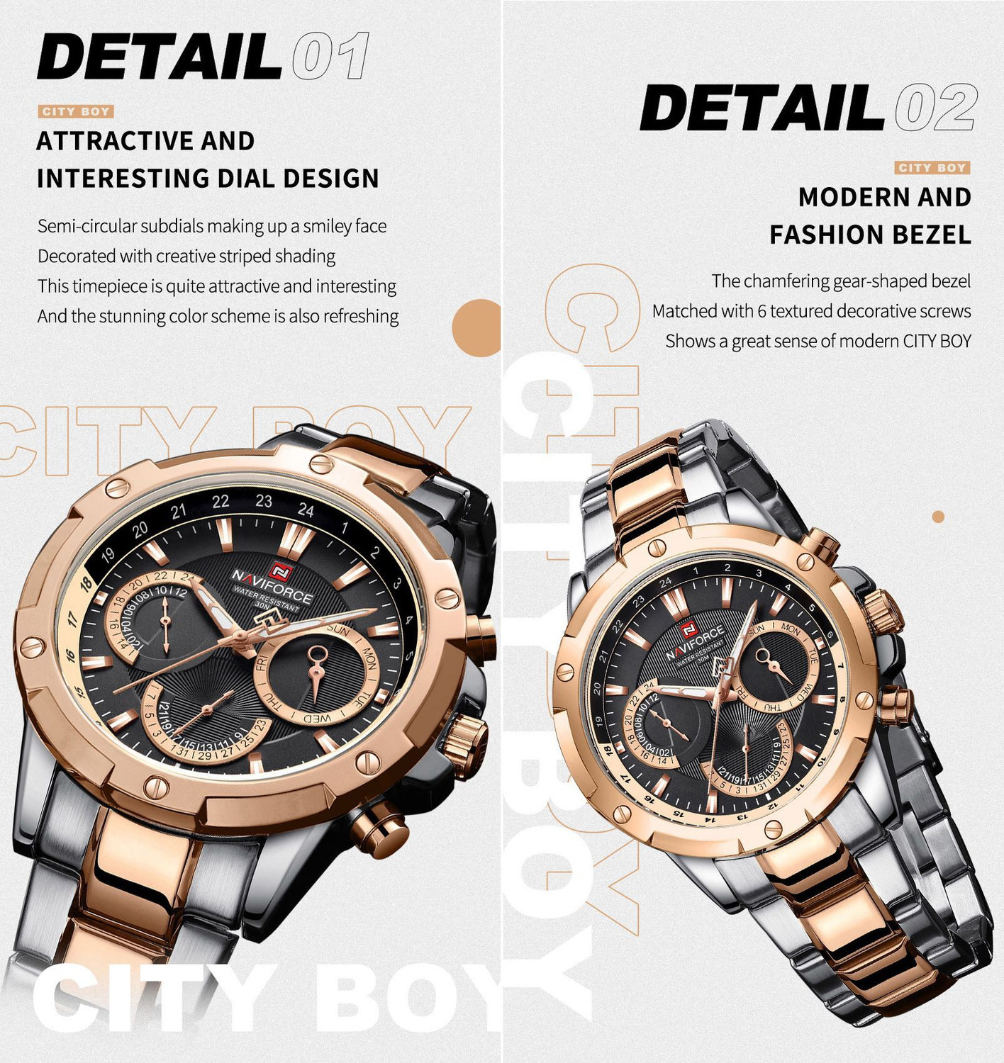Image of NAVIFORCE 9196 Rosegold & silver steel strap with working chronograph new style for daily life Analog Watch - For Men