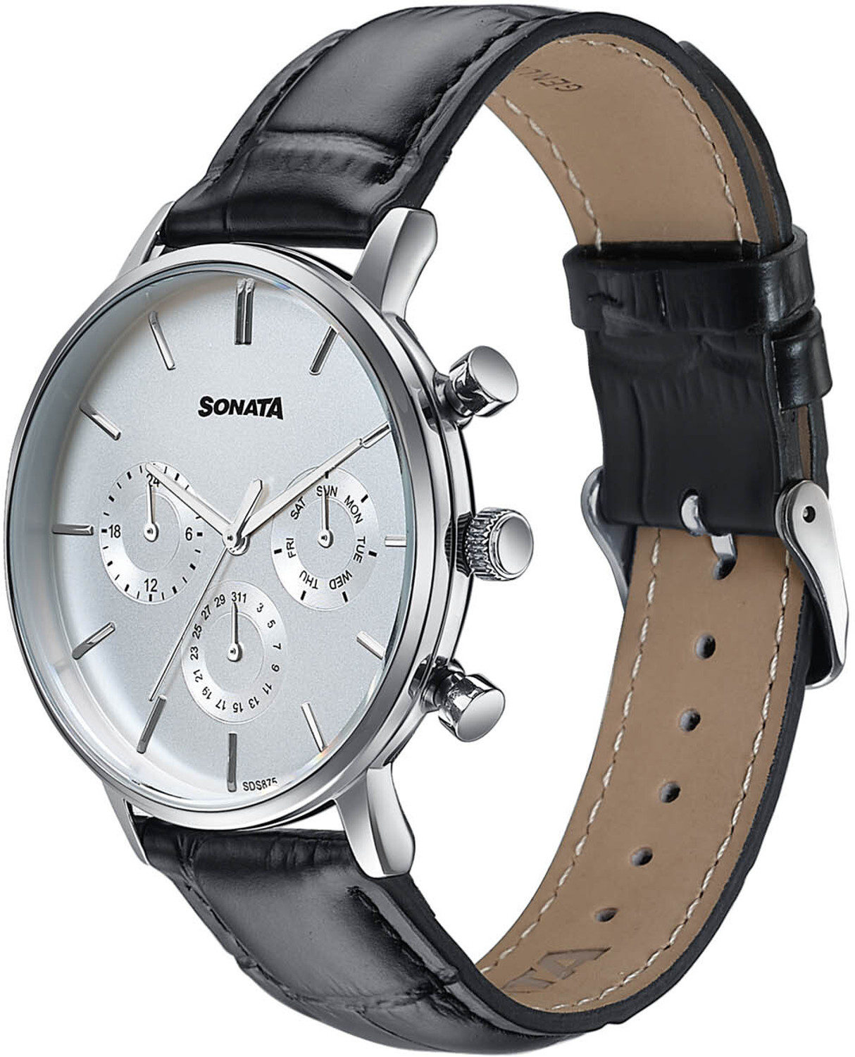 Image of SONATA Festive 2.0 Ph II Sonata Festive 2.0 Quartz White & black Dial Black Leather Strap Analog Watch - For Men