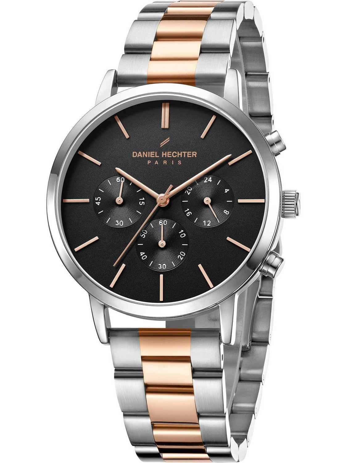Image of DANIEL HECHTER Wagram Collection Multifunction Round Black Dial, Stainless Steel Strap Analog Watch - For Men