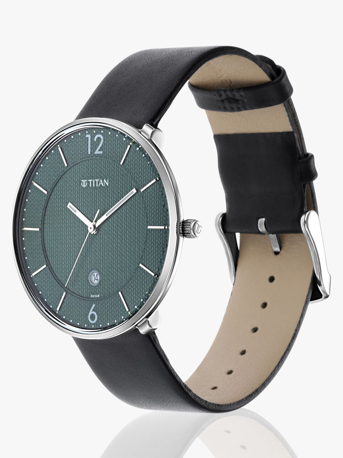 Image of Titan Minimals With Date Green Dial Black LeatherStrap Analog Watch - For Men TH1710490, NS1849SL02|1849SL02|NS1849SL02