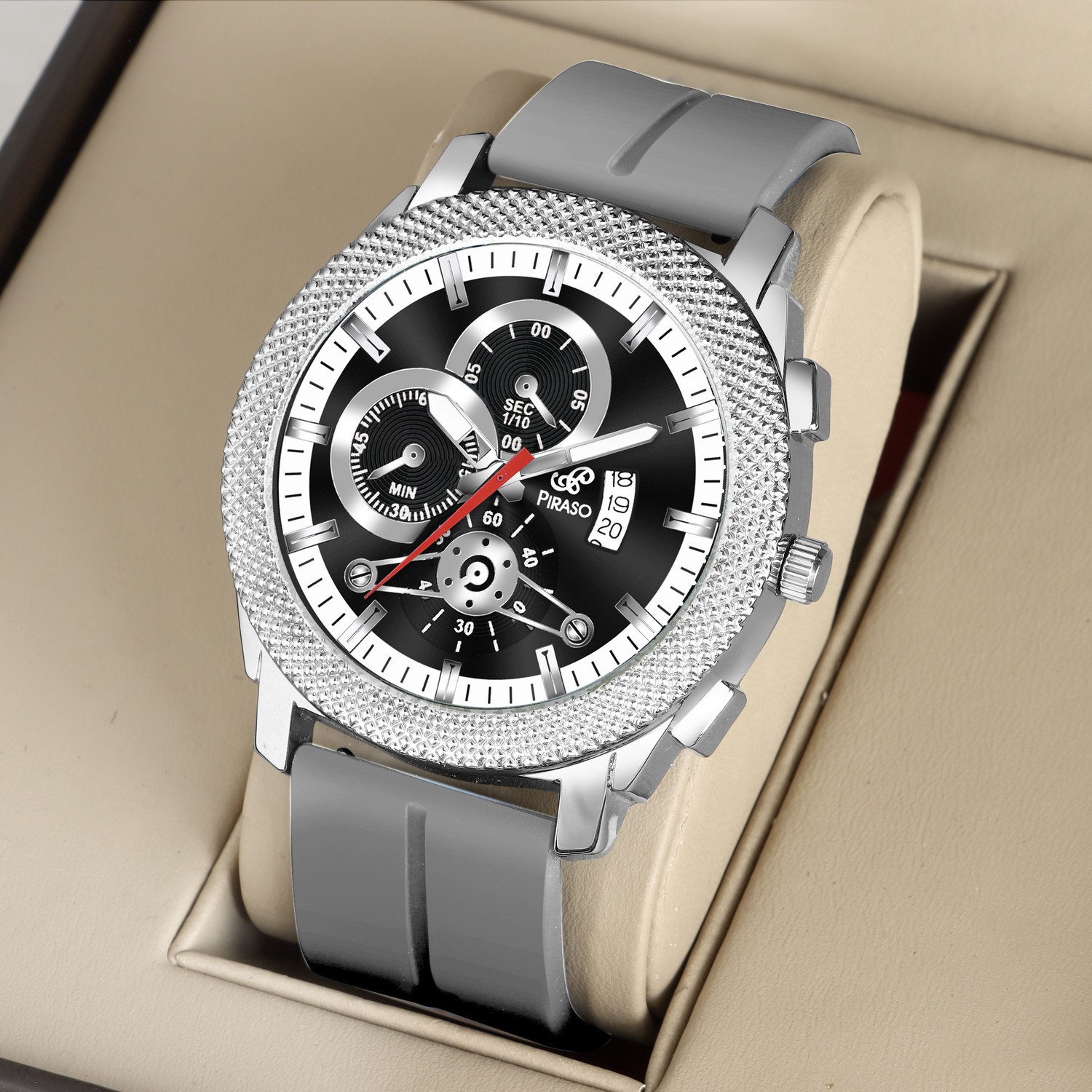 Image of PIRASO 973 2025 SILVER GREY SILICONE STRAP Piraso Black Date Dial With Grey Silicone Strap Analog Watch For Men Analog Watch - For Men