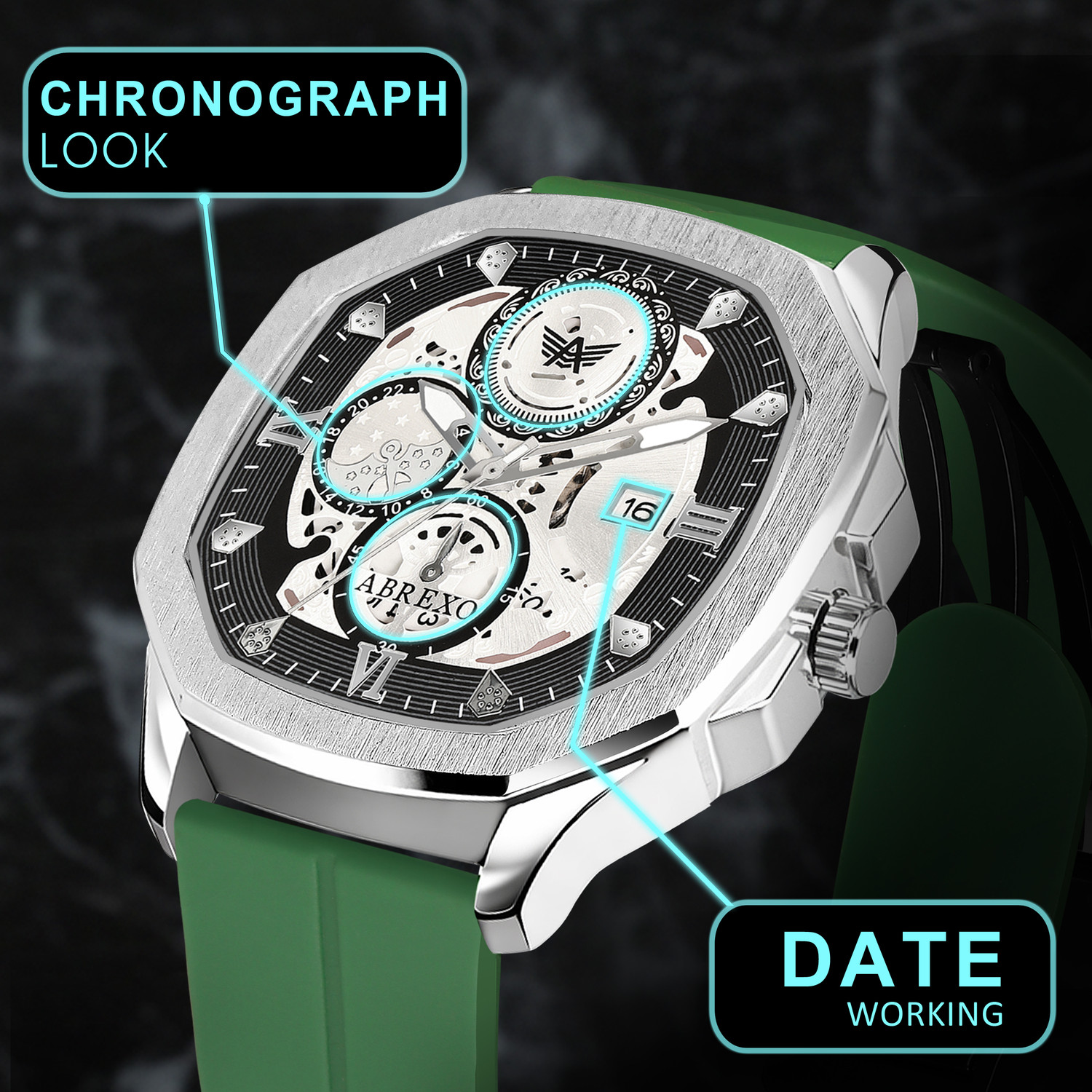 Image of ABREXO Abx8333-SL BK GRN MGT ST Chronograph Look Date Working Green Magnet Silicon Strap Quartz Watch For Boys Analog Watch - For Men