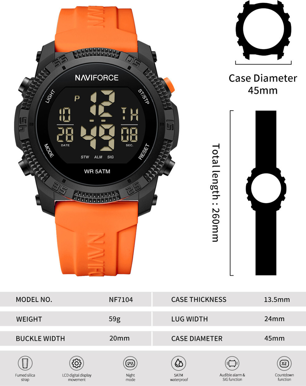 Image of NAVIFORCE NF7104 B /O Orange silicone light weight strap multi-function round dial Digital Watch - For Men