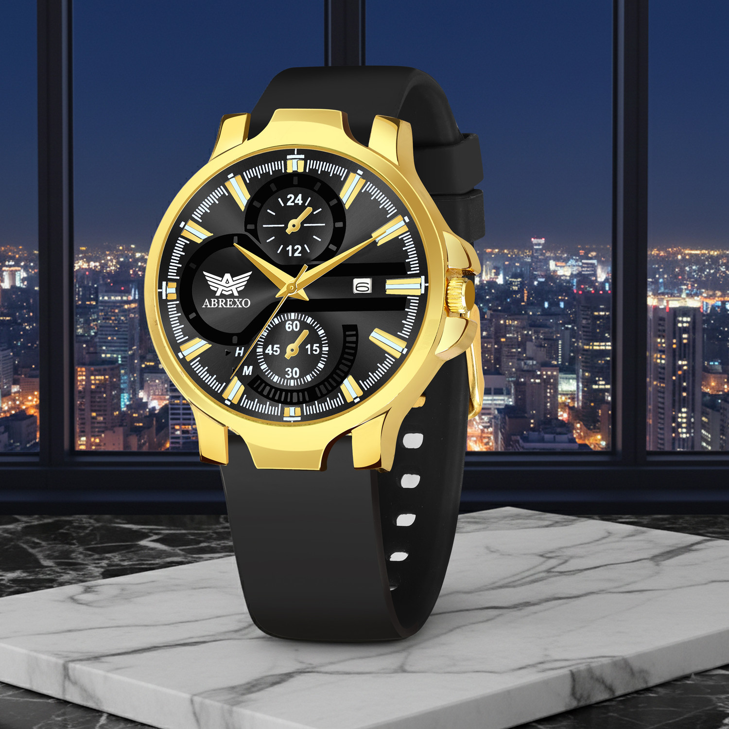 Image of ABREXO Abx3102-GD BK SLN ST ALPHA Series Chrono Look Gold Dial Date Working Black Silicon Strap Boys Analog Watch - For Men