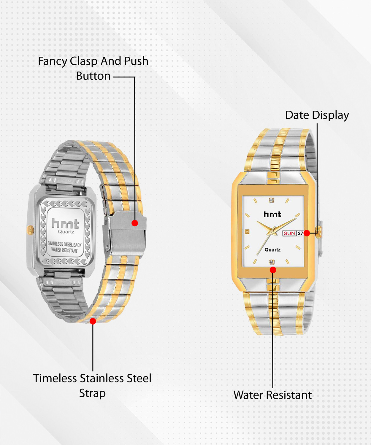 Image of hmt QUARTZ Shine White HMTS Day & Date Series Two Tone Plating Golden Metal Wrist Watch Analog Watch - For Men