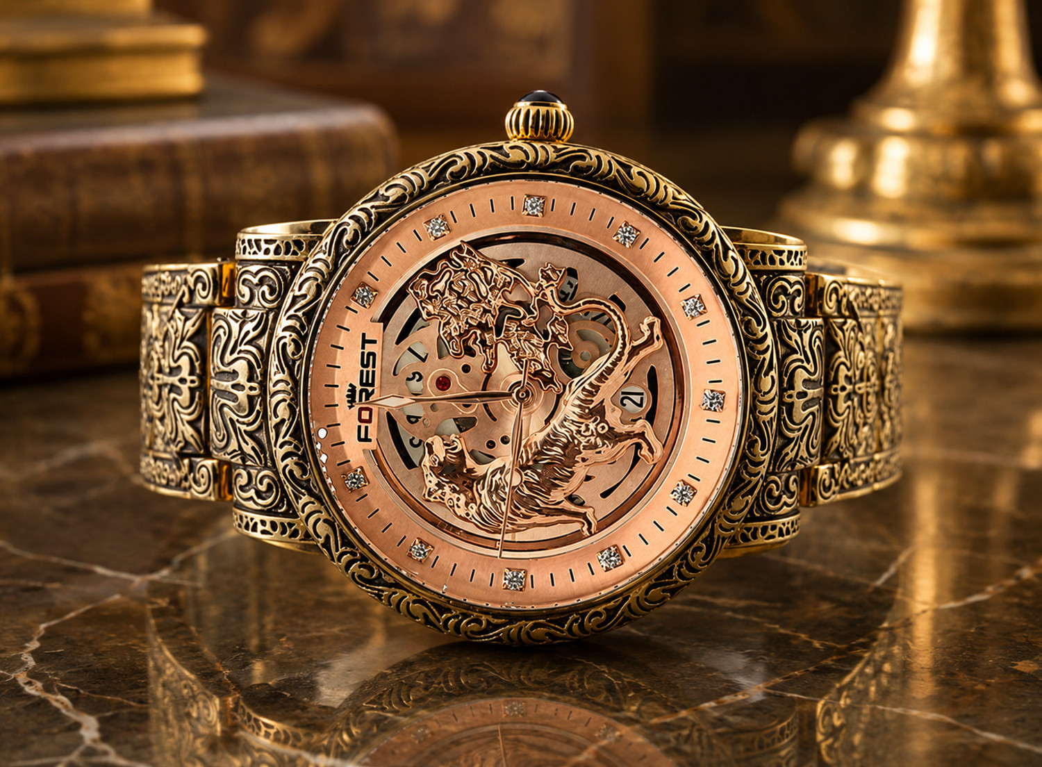 Image of FOREST LUXURY LION CURVED GOLDEN DIAL AND CHAIN MEN WRIST WATCH ANALOG WATCH Analog Watch - For Men EMR-65