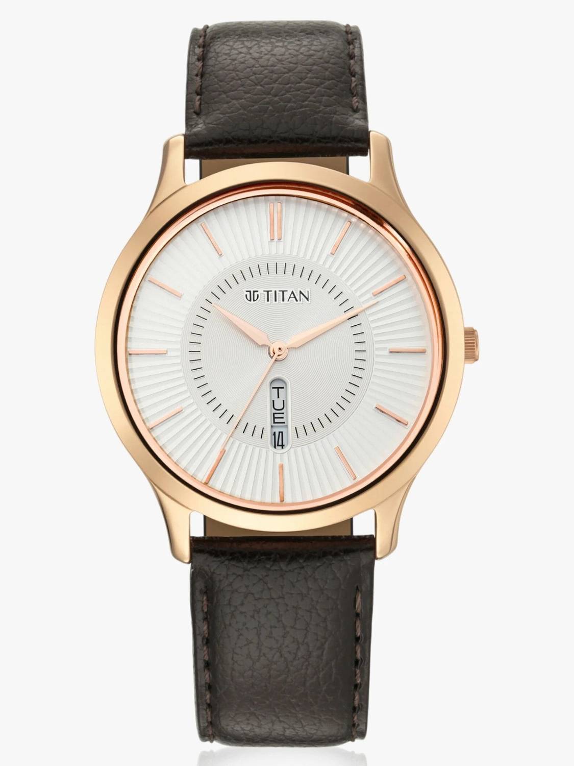 Titan Lagan Day & Date White Dial Brown Leather Strap Watch - Image 3