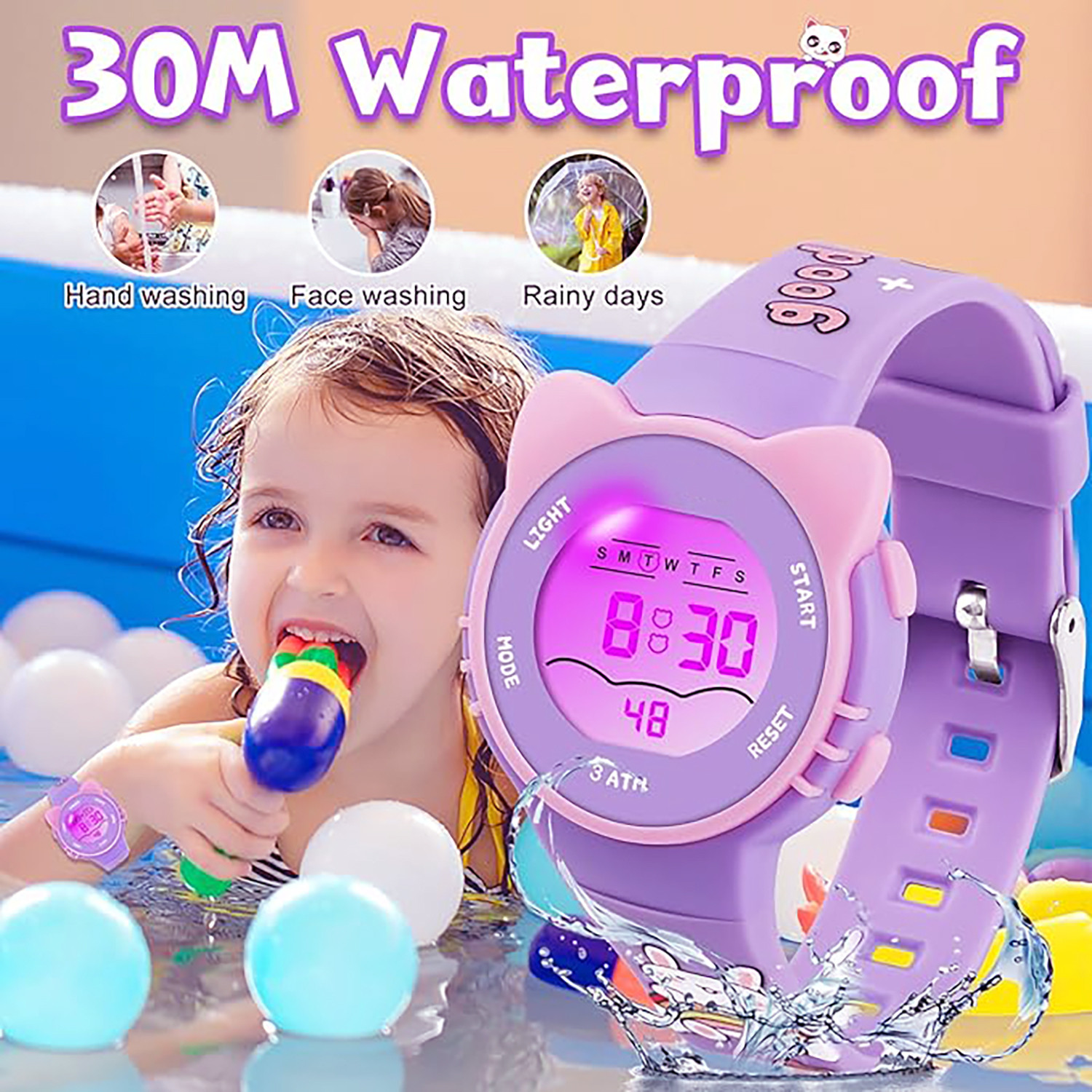 Image of Time Up Printed Strap Kitty Style Printed Cartoon Night Light & Alarm Waterproof Kids(5-13 Years) Digital Watch - For Boys & Girls