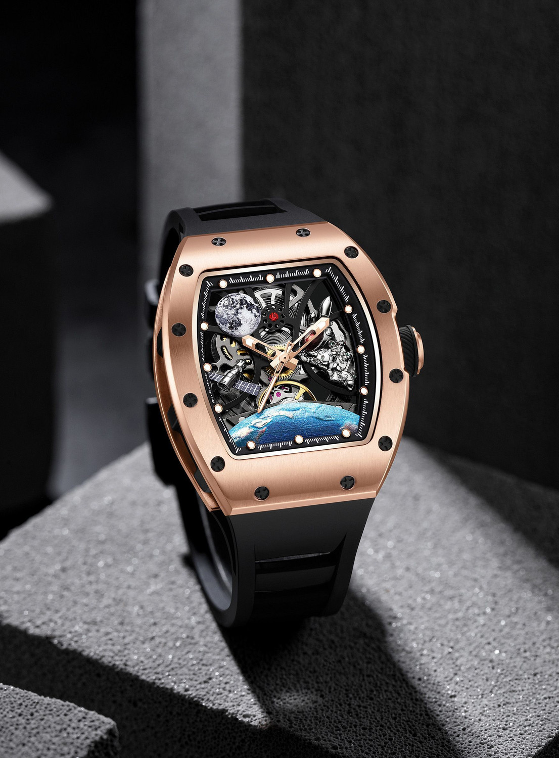 Image of Alix AL2930 Rose Gold Tonneau Case with Astronaut & Moon Motif Black Silicone Strap Analog Watch - For Men