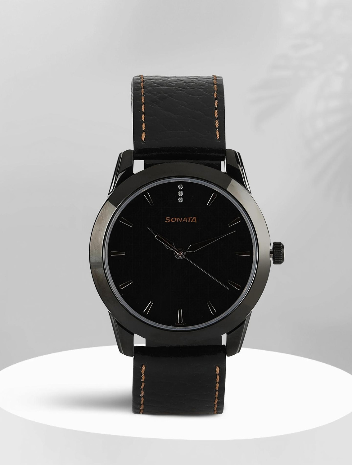 Image of SONATA NP7924NL01 Sonata Quartz Black Dial Black Leather Strap Analog Watch - For Men