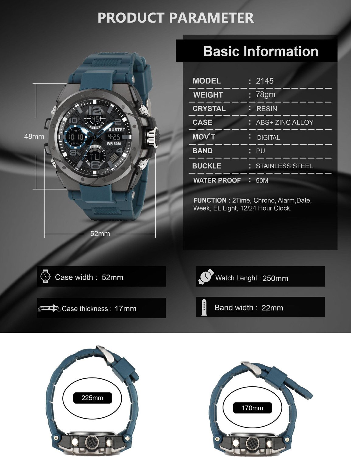 Image of RUSTET 2145 50m Waterproof Dual-Time Multifunction 12H / 24H Format Analog-Digital Watch - For Men