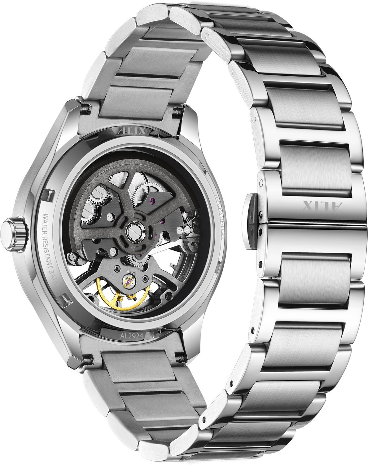 Image of Alix AL2924S Black Skeleton Dial With Silver Stainless Steel Strap Analog Watch - For Men
