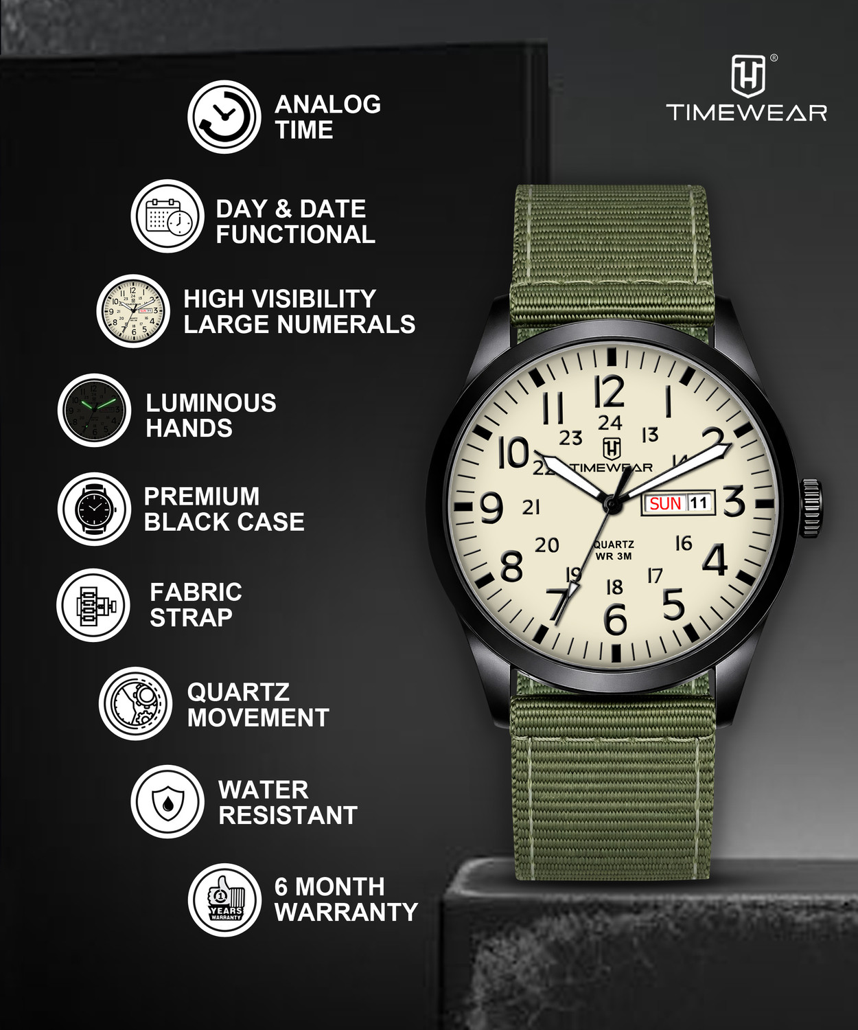 Image of TIMEWEAR 337BGTG TIMEWEAR New Track Number Dial, Day & Date, Green Fabric Strap Analog Watch - For Men