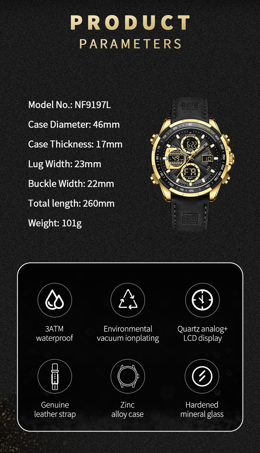 Image of Alix Business fashion Quartz Waterproof Multifunctional Military Leather Analog-Digital Watch - For Men