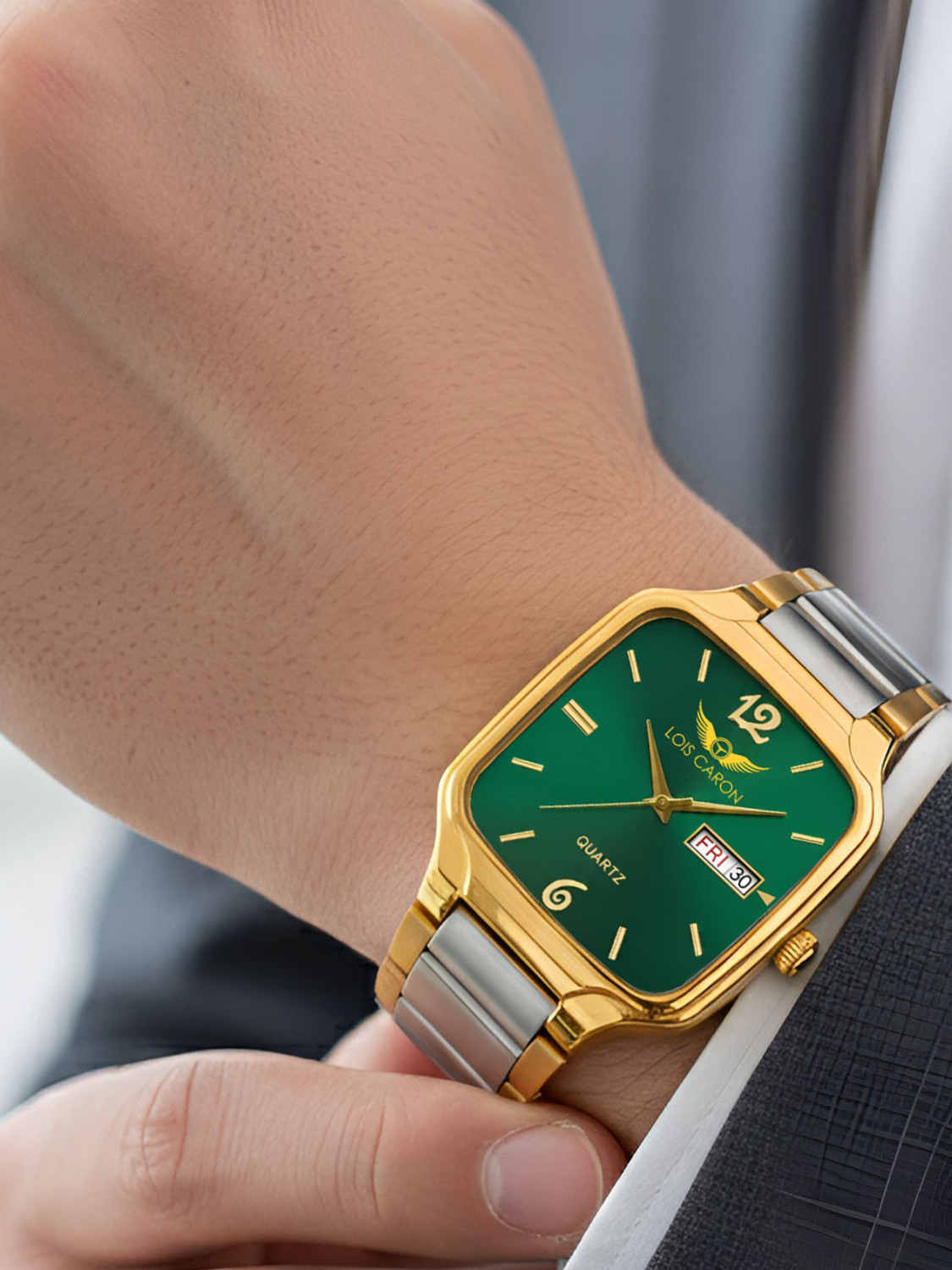 Image of LOIS CARON LCS-8643 Premium Square Day & Date Green dial Two tone strap Analog Watch - For Men