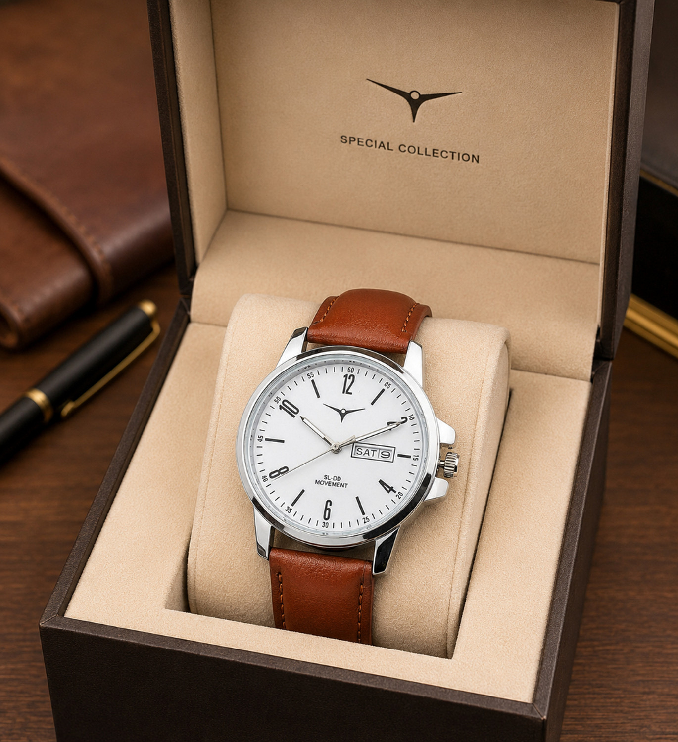 Image of NESTER L-NSM--41--WHITE BROWN L-NSM-41 LEATHER 20 MM Analog Watch - For Men
