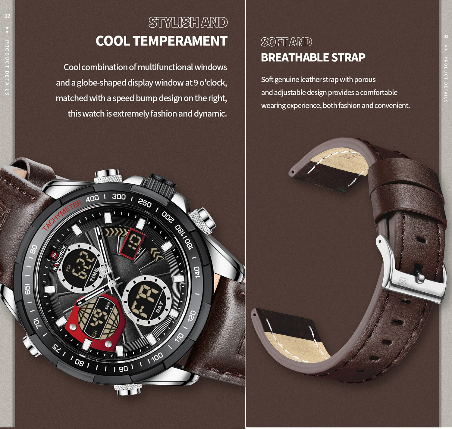 Image of NAVIFORCE NF9197L-SWBK Professional look brown leather strap Analog-Digital Watch - For Men