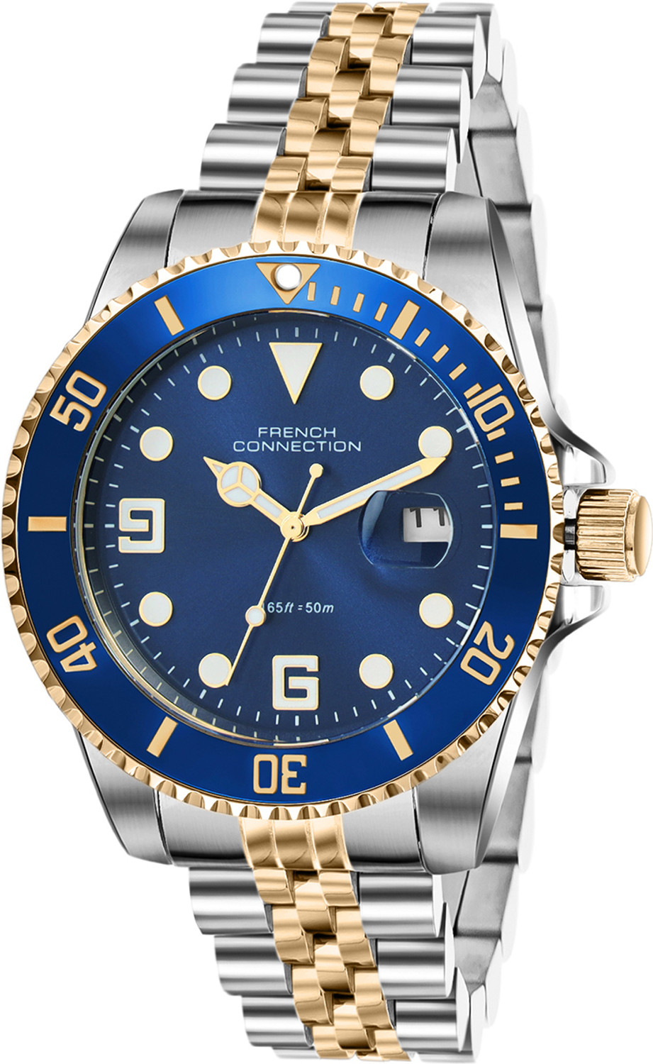 Image of French Connection STEELORA Blue Dated Sunray Round Dial | Gold Stainless Steel Analog Watch for Men Analog Watch - For Men