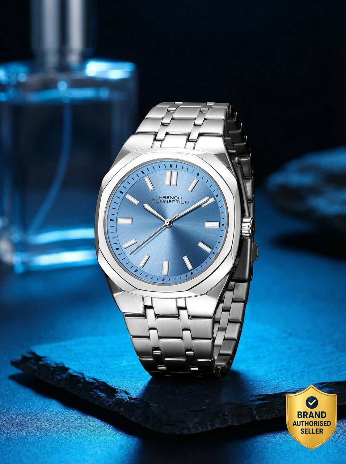 Image of French Connection LUMIERE Blue Sunray Contemporary Dial | Silver Stainless steel QUARTZ Watch for Men Analog Watch - For Men