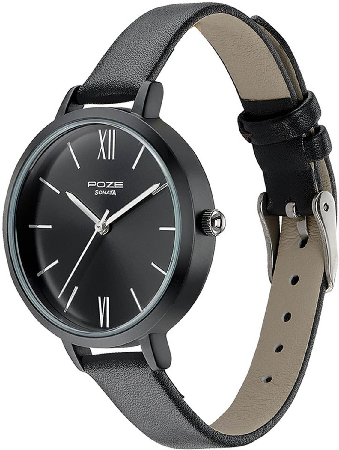 Image of SONATA Sonata Poze Quartz Analog Black Dial Leather Strap Watch for Women - SP80075KL04 Analog Watch - For Women