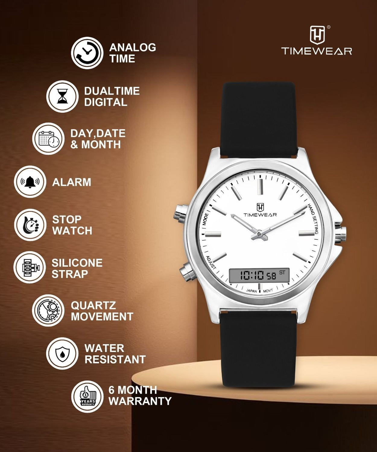 Image of TIMEWEAR 331WDDATG TIMEWEAR Dualtime White Dial Black Silicone Strap Quartz Analog-Digital Watch - For Men