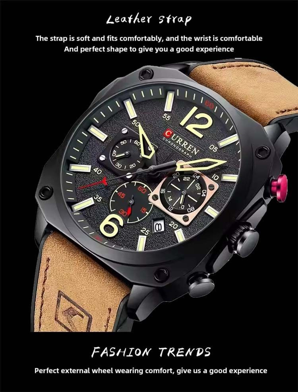 Image of Curren Curren 8398 Brown Black Dial Brown Leather Strap Cronograph Analog Watch - For Men