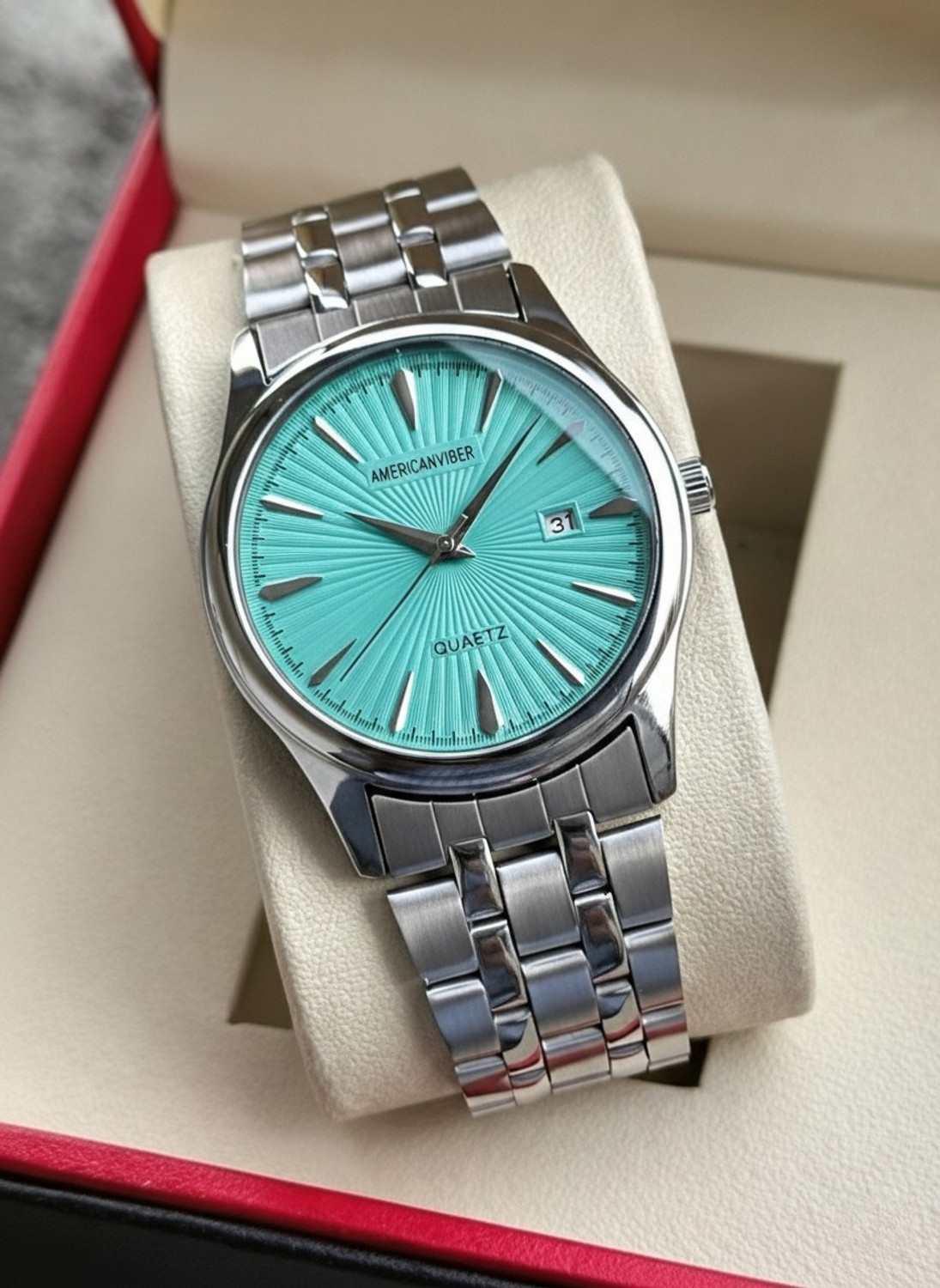 Image of Americanviber AVM0045 Round Dial Stainless Steel Belt Watch with Date Function Analog Watch - For Men