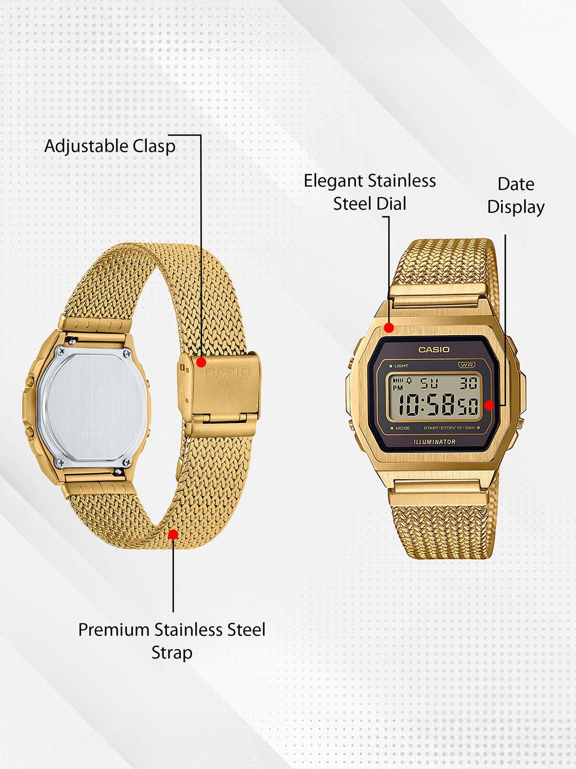 CASIO A1000MGA-5DF Vintage Black Dial Gold Stainless Steel Mesh