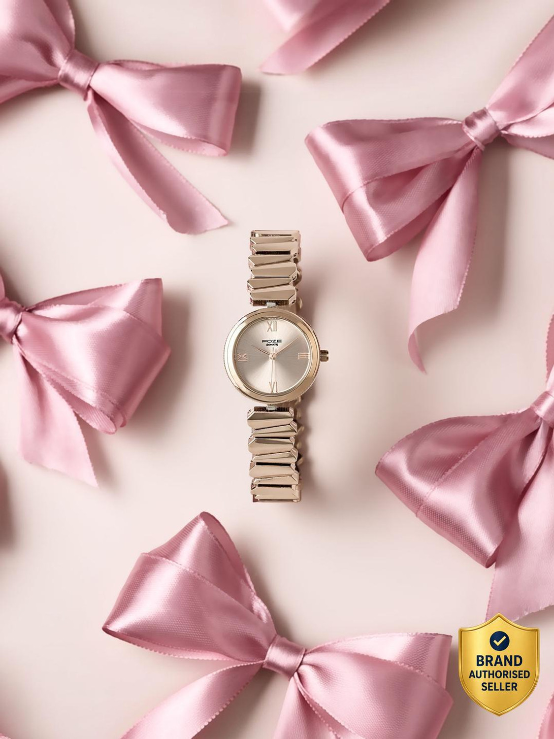 Image of SONATA Poze 8 Sonata Poze 8 Quartz Pink Dial IP Rose Gold Alloy Strap Analog Watch - For Women