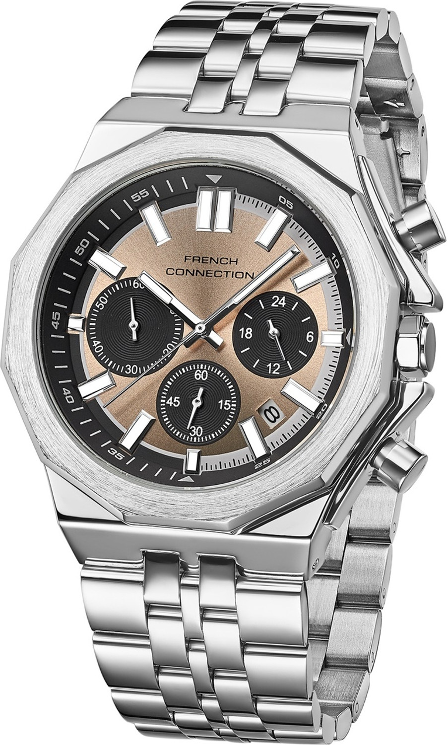 Image of French Connection CROWNEX Beige Sunray Round Dial | Silver Stainless steel Chronograph Watch for Men Analog Watch - For Men