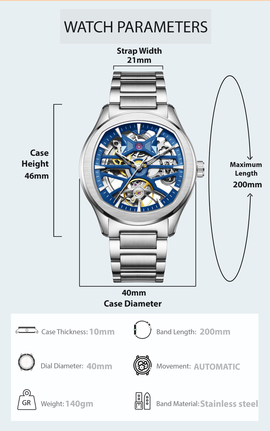 Image of Alix AL2924S Blue Skeleton Dial With Silver Stainless Steel Strap Analog Watch - For Men