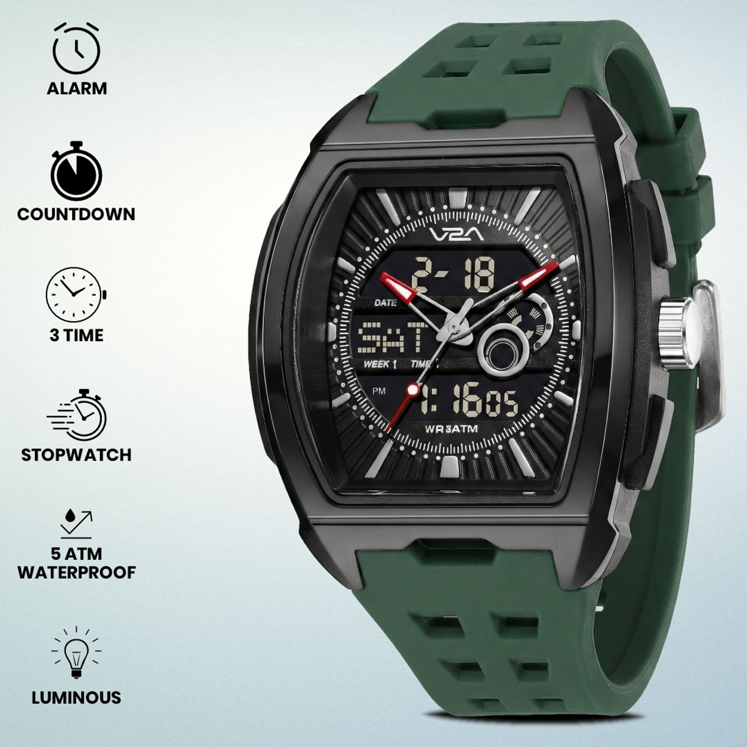 Image of V2A V2A Impact 50mm Analog Digital Watch for Men | Tonneau Sports Case Design Analog-Digital Watch - For Men