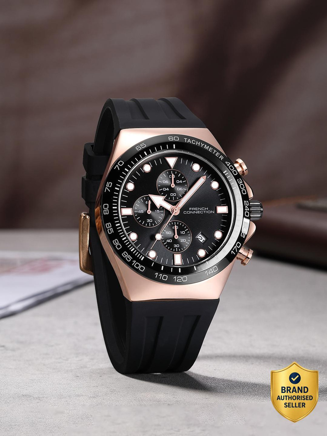 Image of French Connection Black Sunray Round Dial | Black Silicone Chronograph Watch for Men Analog Watch - For Men