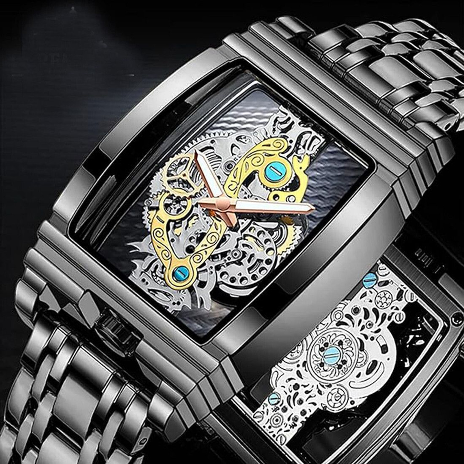 Image of glowgreen MSG2880 Rectangle Tonneau Large Dial Stainless Steel Band Quartz Wristwatch Analog Watch - For Men