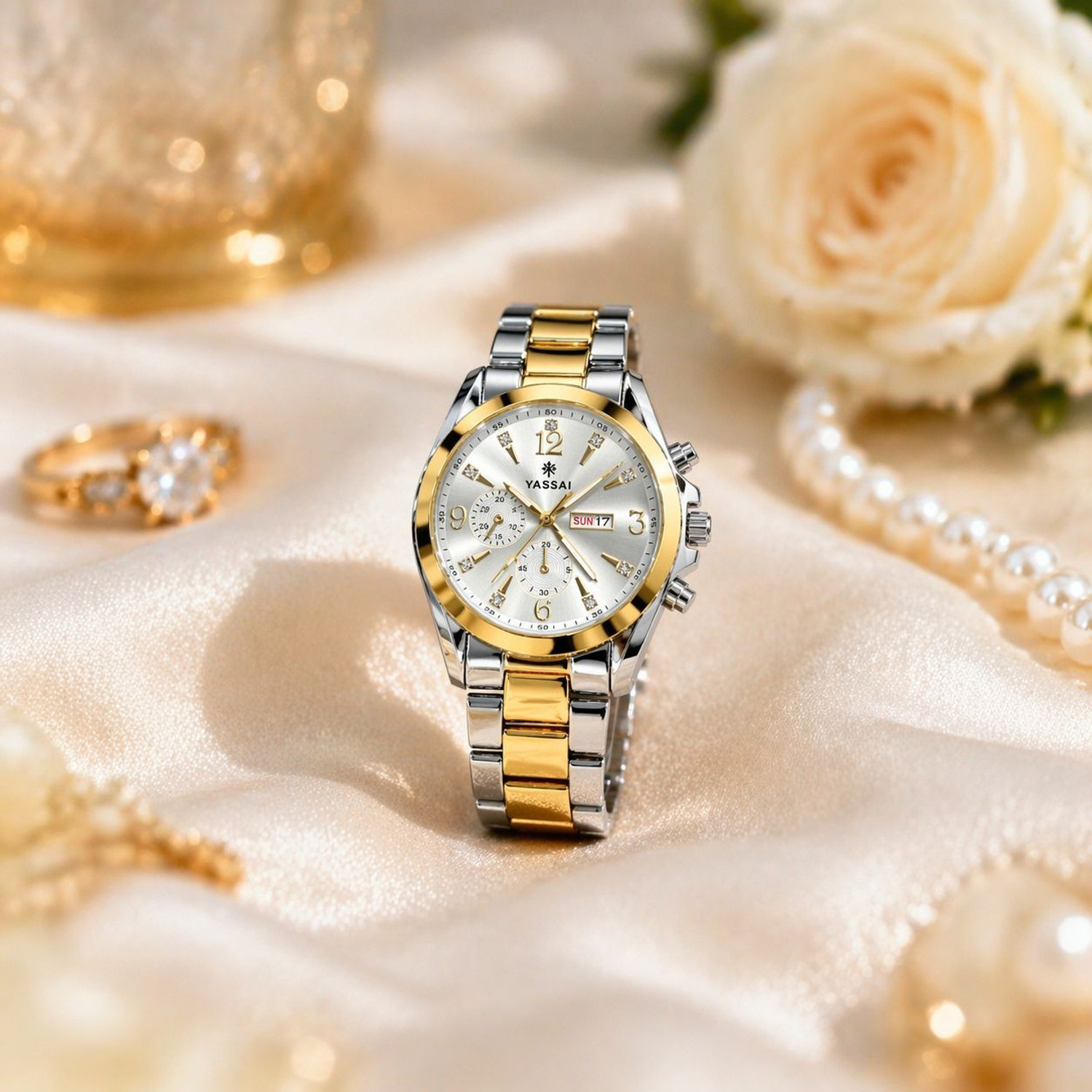 Image of InnoNest Global Round Dial wrist watch For Boys and Mens Golden Chain Studded Wrist Watch Digital Watch - For Men